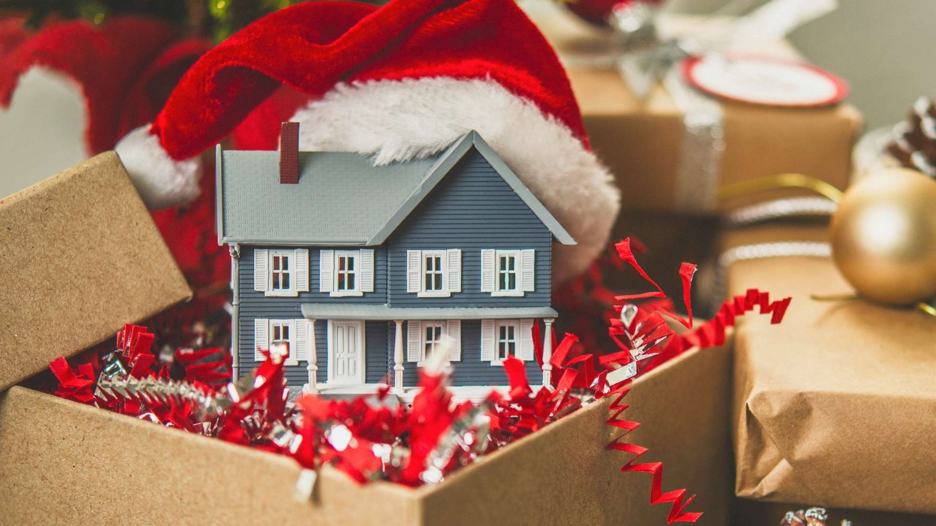 small house in a moving box with a santa clause hat