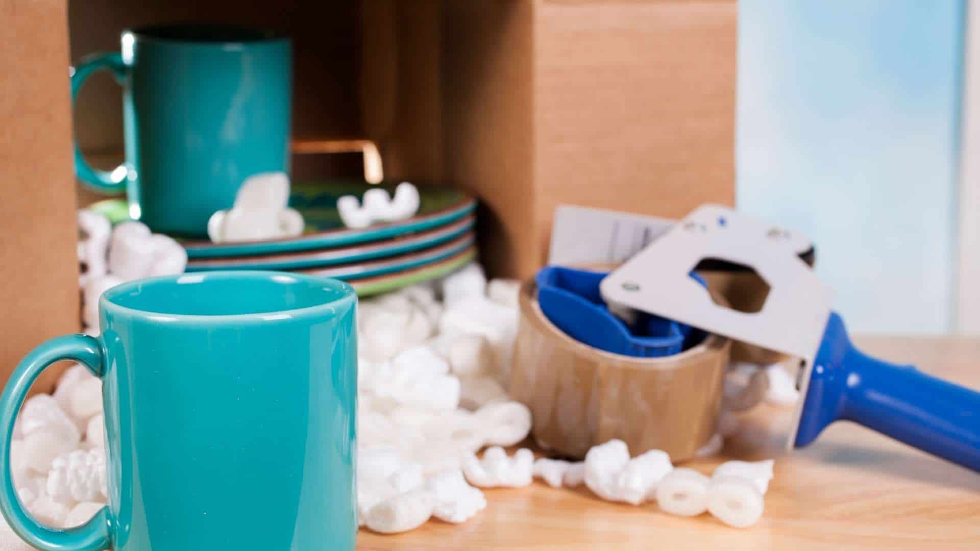 packing dishes set in packing peanuts